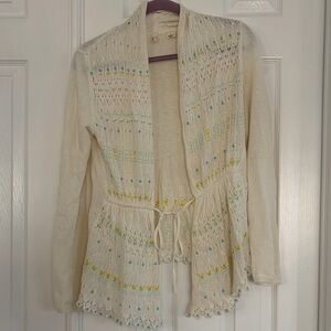 Moth Anthropologie Ivory Linen blend Beaded Crochet Embroidered Cardigan Size S